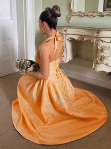 Glamine Charm 复古3D压花花卉V领无袖A字裙女装 - 橘色 - 查看 5