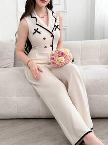 Mono elegante color caqui para mujer con cuello de solapa de blazer - Albaricoque - Ver 3