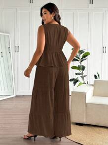 Lounesse Bộ trang phục nữ 2 mảnh thường ngày đa năng xếp lớp viền bèo nhún cỡ lớn, áo cánh nữ + quần dài, thích hợp mặc hàng ngày và đi nghỉ ở bãi biển - màu nâu - Xem 2