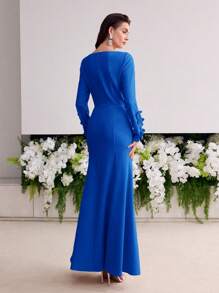 MOTF Soiréza 贴花细节纯色美人鱼下摆长裙（无腰带） - 寶藍色 - 查看 4