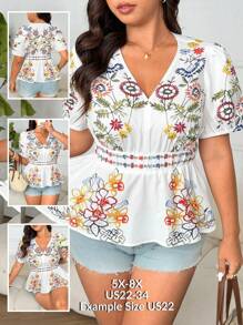 SHEIN CURVE+ Plus Size Women's Summer Floral Print Ruffle Hem Casual Blouse - Multicolor - View 1