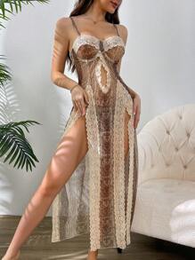 SHEIN 2pcs/Set Lace, Snake Skin & Leopard Print Mesh Sexy Women Slip Dress With Underwire [Slip Dress + G-String] For Going Out - Multicolor - View 6