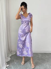 Rafferiza 女士优雅长款修身连衣裙，光滑丝滑舒适面料，刺绣花卉图案，适合晚间场合 - 紫色 - 查看 4