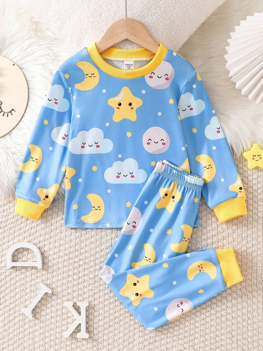 2 件套男童蓝色月亮和星星印花休闲睡衣套装，长袖上衣和裤子