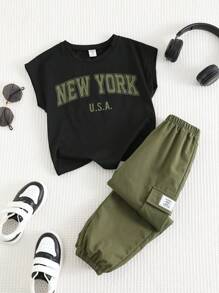 SHEIN 2 件套年轻男童休闲宽松无袖印花上衣和抽绳裤套装，百搭服装 - 彩色 - 查看 3