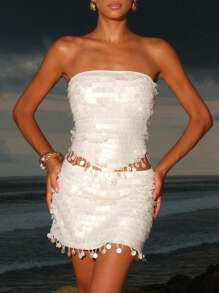 Opulessa 度假风女士纯色亮片串珠不对称下摆上衣，适合夜店、性感优雅派对、毕业典礼、舞会、奢华晚宴、性感夜店、美人鱼风、波西米亚风、伊比沙岛风、西部风等场合。 - 杏色 - 查看 5