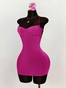 Amplova Ruched Cross Strap Backless Fitted Mini Dress With Adjustable Spaghetti Straps Bodycon Dress,Party Dress,Party Dresses For Women - Hot Pink - View 3
