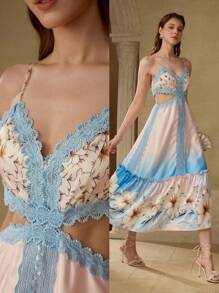 MOTF PREMIUM Vestido de tirantes con volantes en el bajo y estampado floral - Azul - Ver 1