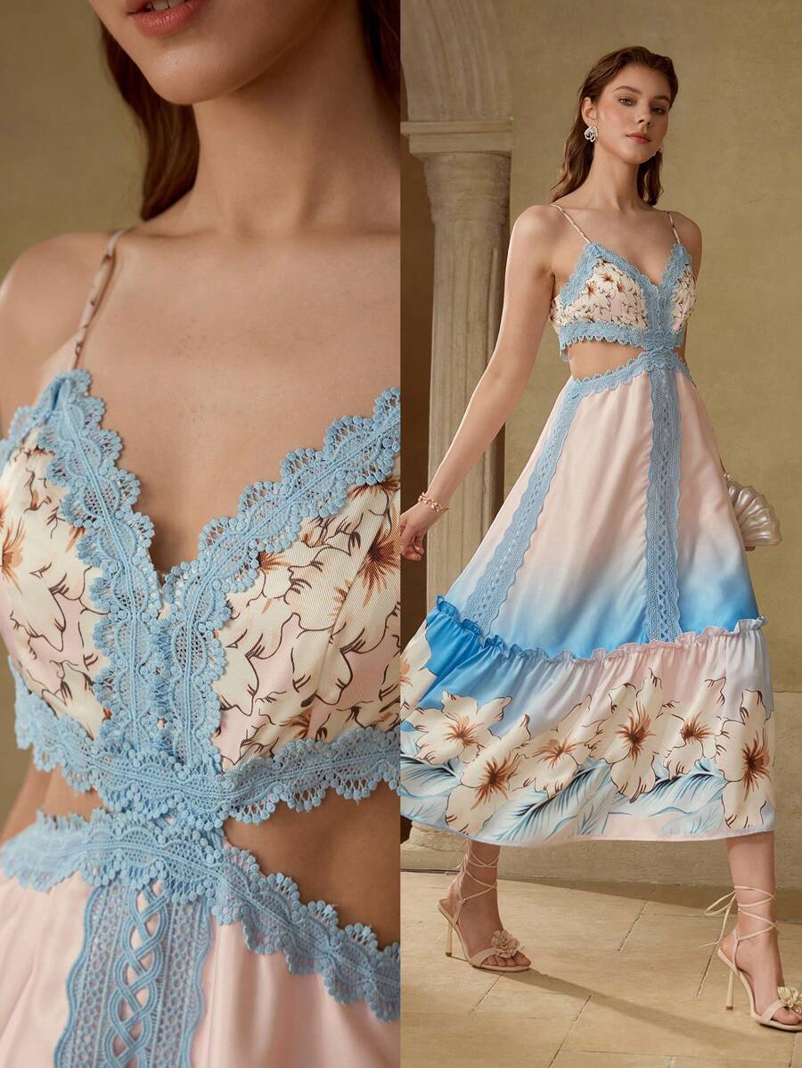 MOTF PREMIUM Vestido de tirantes con volantes en el bajo y estampado floral - Azul - Ver 1