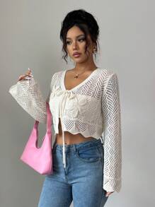 Elenzga Women's Lightweight Geometric Patterned Tie Front Cardigan, Vacation Style, Spring/Summer Fall Cloth For Women - Beige - View 5