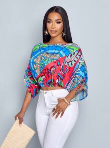 SOLERSUN 女式休闲不对称领口抽绳衬衫，带有随机花卉印花 - 粉色 - 查看 4