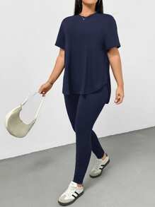 SHEIN Essnce Plus Size Women's Spring And Summer Fashion Casual Sports Comfortable Basic Versatile Slimming Daily Black Short-Sleeved T-Shirt And Leggings Two Pieces Set,Pants Set,Street Wear,Airport Outfits,Summer Outfits For Women,Going Out Outfits,Y2k Clothes,Minimalist Style,Church Clothes For Women