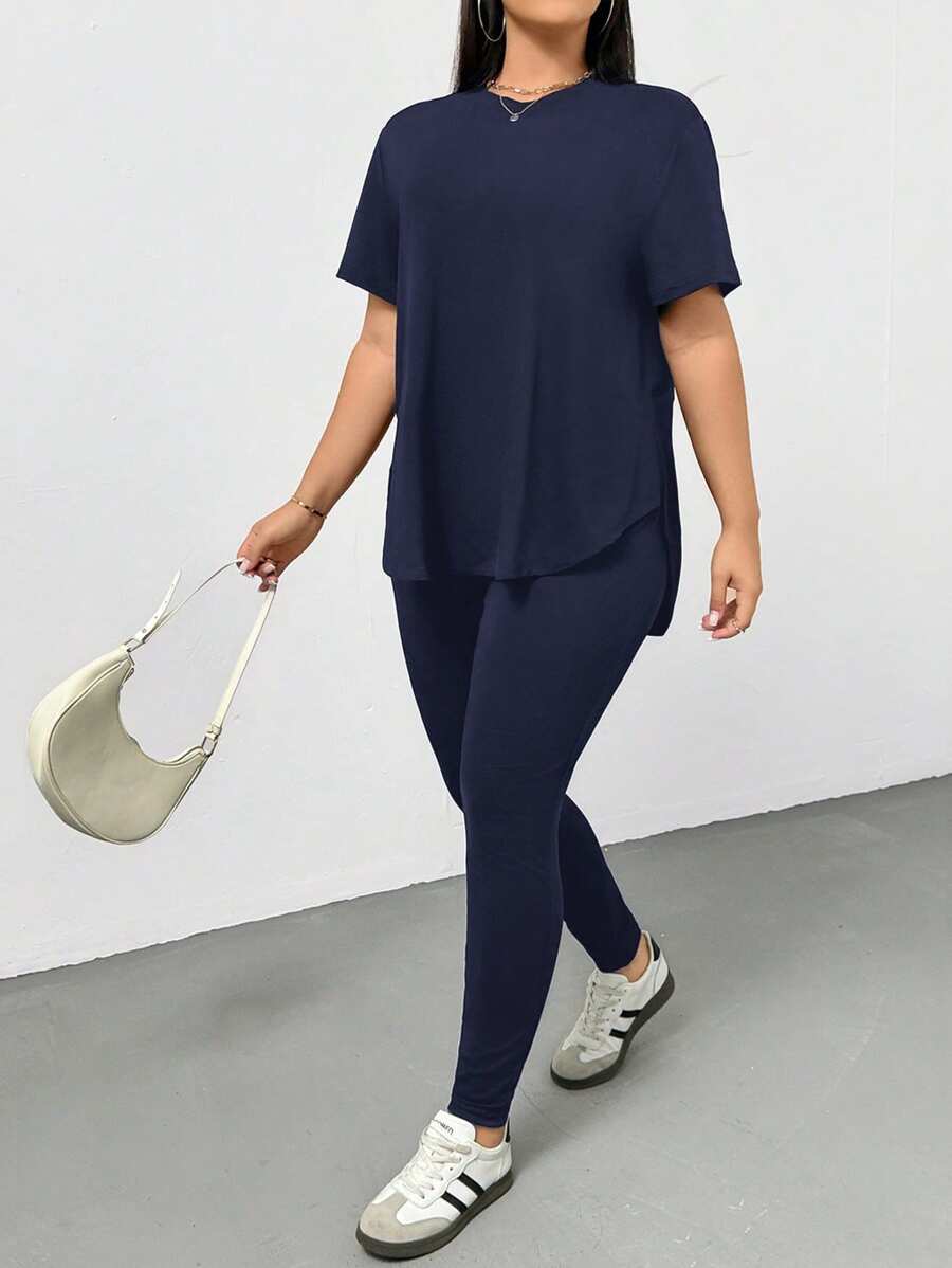 SHEIN Essnce Plus Size Women's Spring And Summer Fashion Casual Sports Comfortable Basic Versatile Slimming Daily Black Short-Sleeved T-Shirt And Leggings Two Pieces Set,Pants Set,Street Wear,Airport Outfits,Summer Outfits For Women,Going Out Outfits,Y2k Clothes,Minimalist Style,Church Clothes For Women