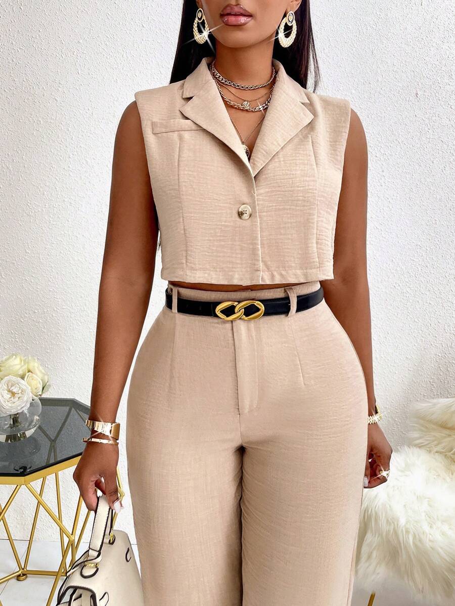 Maweii Women's Solid Color Notched Lapel Single-Breasted Cropped Casual Blazer Vest For Autumn Graduation,Back To School,Teacher Outfits For Women - Khaki - View 1
