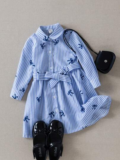  PrepCrw Baby Girls' School Style Bowknot Stripe Shirtdress Blue And White Striped Bow Print Long Sleeve Collared Shirt Dress With Flared Hem For Everyday Casual Wear Girls School Uniform School Tops Teen Girl Clothes For School Cute Tops For School Uniform School For Girls Back To School Outfits Girls Back To School Outfit First Day Of School Outfits