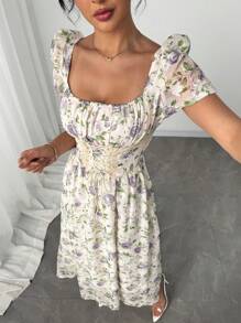 Modelyn 女士优雅印花裹领系腰连衣裙 - 綠色 - 查看 7
