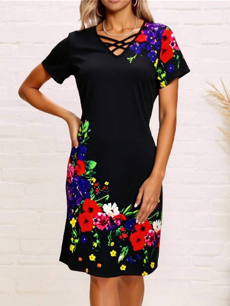 SHEIN Vestido corto elegante con estampado floral de verano - Multicolor - Ver 1