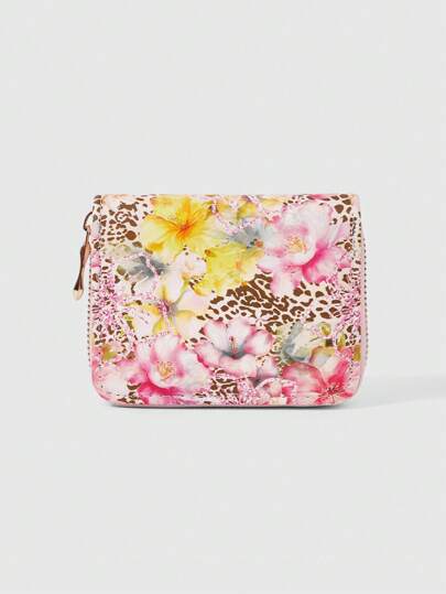 Fairycore 1 pieza Monedero con cremallera de estampado de leopardo y flores coloridas con diseño minimalista para mujeres