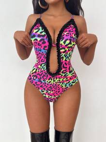 Swim EVENT Leopard Frill Trim Spaghetti Strap One Piece Swimsuit For Summer Beach Vacation
