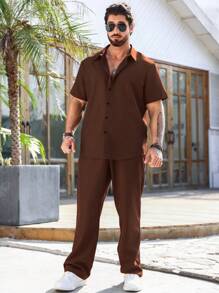 Manfinity Homme 男士加大码休闲短袖衬衫和裤子两件套