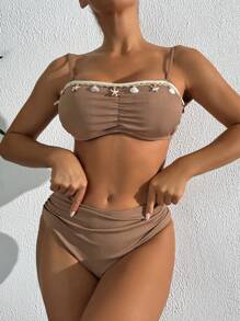 Swim Vcay 女士夏季海滩纯色罗纹针织贝壳和海星装饰肩带可拆卸比基尼上衣和三角裤休闲度假泳衣套装 - 棕色 - 查看 5