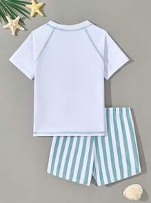 SHEIN 男童椰子树印花插肩袖上衣和条纹两件套泳衣套装