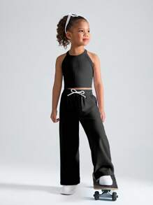 SHEIN 年轻女孩纯色休闲运动高弹力圆领背心+宽松阔腿松紧腰运动裤套装，舒适夏季运动，日常休闲穿着