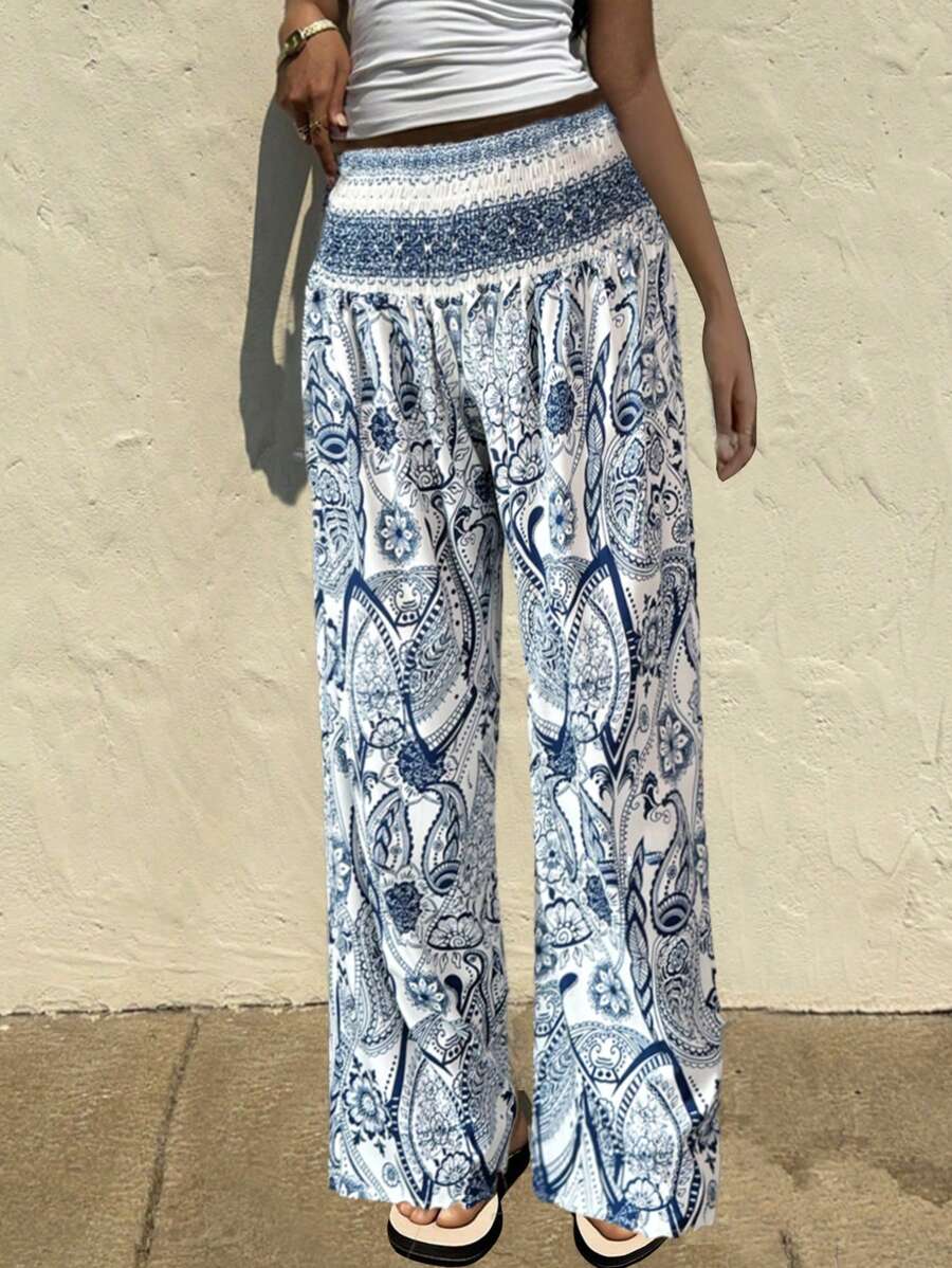 Chiquease Women's Floral Print Shirred Waist Pants, For Vacation Fall Cloth For Women