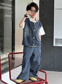 Dazy Kids Tween Boy Casual Washed Denim Top And Pants Set - Grey - View 5