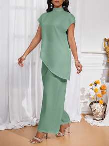 SHEIN Lady Damen Outfit-Sets in Zweiteiler-Form für alle Jahreszeiten, Herbst Zweiteiler-Sets, lässig-elegante Damen Outfits mit weißem gewebtem Stehkragen, elegante Überlagerungssets für Damen im Herbst, neue Damen Zweiteiler-Sets, Damen lässige Zweiteiler-Sets
