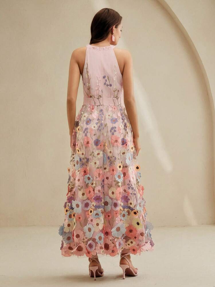 Vestido Longo Elegante com Bordado Floral 3D