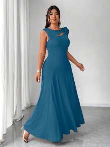 Elenzga Plus Size Women Solid Color Hollow 3D Floral Dress - Turkusowy - Zobacz 4