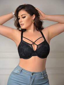 SHEIN 1 件性感蕾丝网布拼接钢圈文胸，交叉肩带，加大码女士内衣套装 - 黑色 - 查看 5