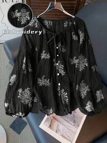 SHEIN Clasi Plus Size Women's Front-Tied Long Sleeve Casual Embroidered Shirt, Suitable For Vacation Fall Cloth For Women - Black - View 1