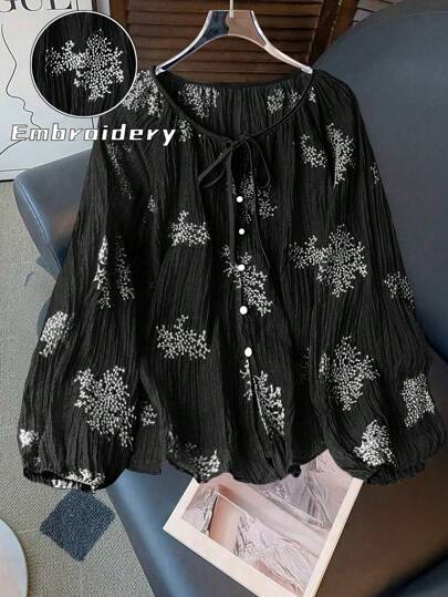 GlowEve CURVE 大码女式前系长袖休闲刺绣衬衫，适合度假穿着