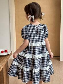 SHEIN 小女孩韩版公主黑白格子荷叶边泡泡袖连衣裙 - 彩色 - 查看 4
