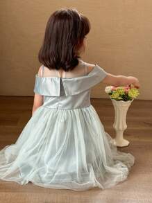 SHEIN Little Byeori 年轻女孩优雅露肩网眼拼布派对连衣裙 - 綠色 - 查看 2