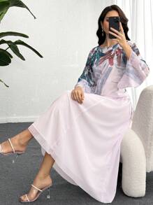 SHEIN Najma 热带植物印花圆领喇叭袖阿拉伯风格连衣裙 - 彩色 - 查看 2