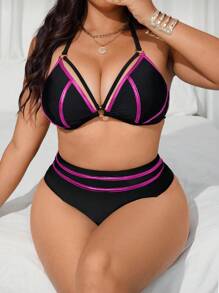 Swim SXY Conjunto de 2 piezas de talla grande con bikini de triángulo con estampado dorado y escote halter, traje de baño sexy y casual para la playa