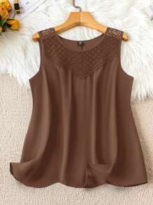 EMERY ROSE Plus Size Summer Casual Solid Color Lace Patchwork Camisole - Brown - View 1