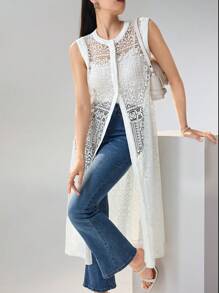 TrendSteals Women's Elegant Summer Sleeveless Button-Down Long Top, Hollow Design - White - View 2
