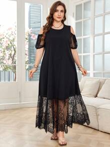 SHEIN Lacomfia 大码优雅纯色蕾丝拼接露肩连衣裙 - 黑色 - 查看 1