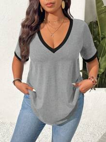SHEIN Frenchy Áo thun ngắn tay phối màu thời trang cỡ lớn dành cho nữ, thích hợp mặc đi nghỉ mát, làm giáo viên. - Màu Xám nhạt - Xem 4