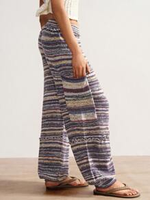 Bohemela 大码女式休闲日常通勤度假街头时尚低腰拼布口袋多色条纹图案抽绳下摆毛衣裤秋冬女装 - 彩色 - 查看 12