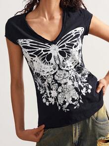 Bohemela Black V-Neck Short-Sleeved Washed Knit T-Shirt For Women - Black - View 3