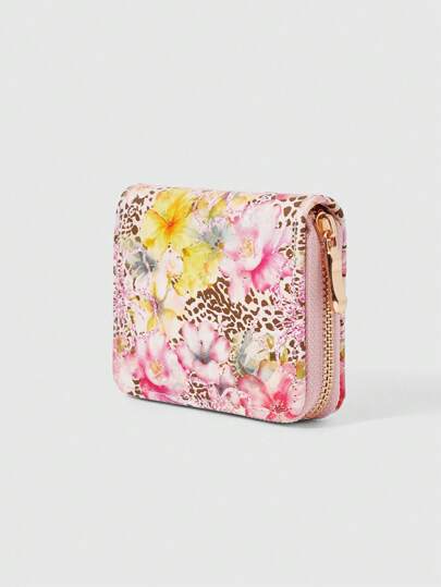 Fairycore 1 pieza Monedero con cremallera de estampado de leopardo y flores coloridas con diseño minimalista para mujeres