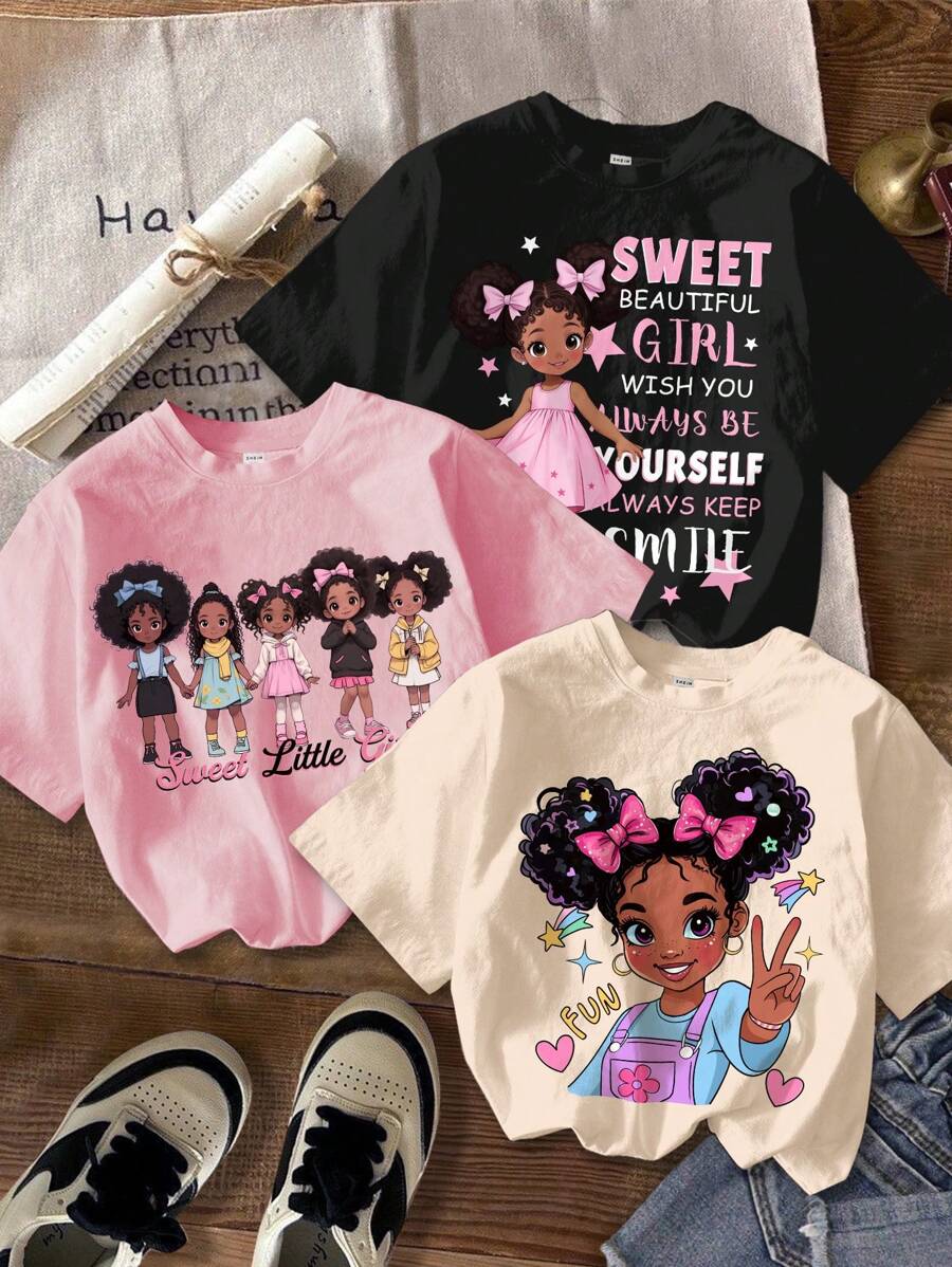 SHEIN Leap Crew 3pcs/Set Cute Cartoon Young Girl Graphic Basic Round Neck Short Sleeve T-Shirt, Casual, Suitable For Spring & Summer - Multicolor - View 1