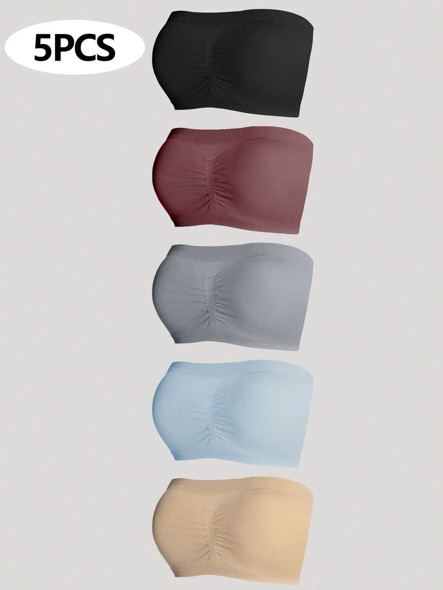 Women's Solid Color Ruched Strapless Bra Set, 5pcs - Multicolor - View 1