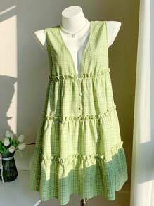 Comfortcana 女士夏季可爱深V领荷叶边纽扣设计无袖格子迷你连衣裙 - 綠色 - 查看 1