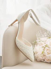 CUCCOO HITCHD 白色波尔卡圆点设计尖头细高跟鞋，浪漫优雅的白色缎面婚礼新娘鞋，伴娘鞋 - 白色 - 查看 11